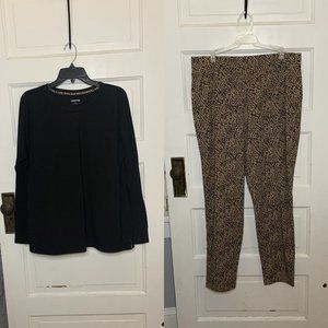 Lands' End Pajama Set Cheetah Print Stretchy Pants Black Shirt Plus Size L 14-16
